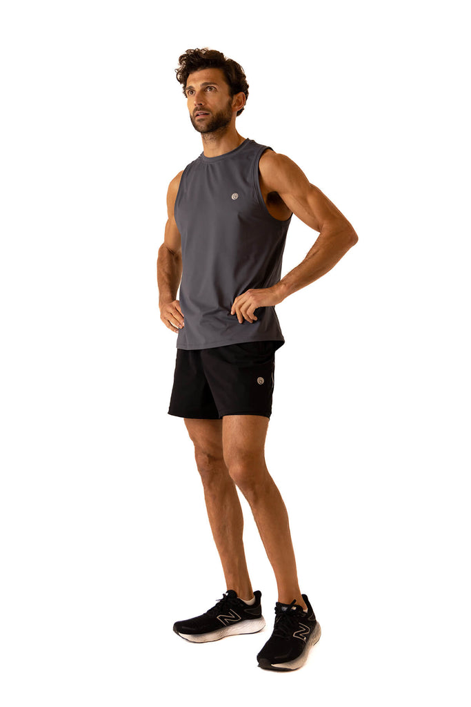 Image of male model standing in his Belu Life Grey Sahara Vest. A mens workout vest designed for activity