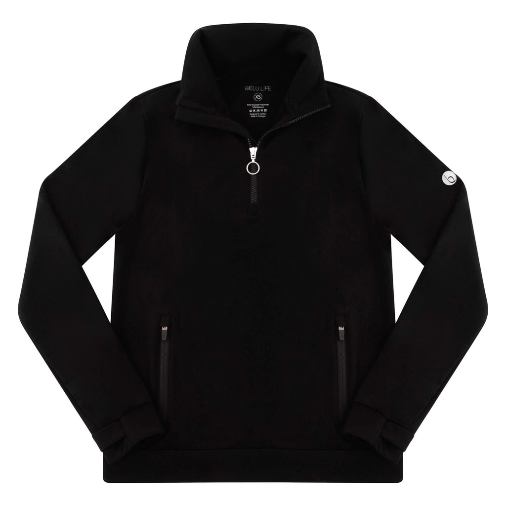 Secondary flatlay of the black women's 1/2 zip pullover, shown without shape to see what it looks like when placed on a surface