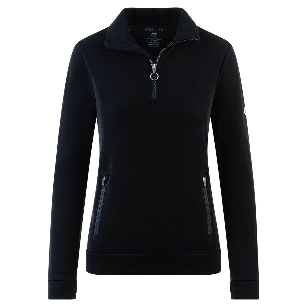 A flatlay image with plain white background showing the womens'shalf zip fleece in black. Slim fit style with slight shape to it