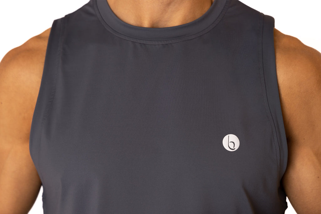 Close up of the Belu Life Sahara Vest. A dark grey mens vest designed for working out 