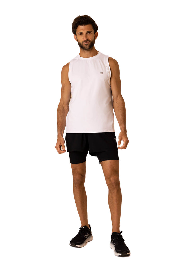 Image of male model ready for his gym workout in our White Sahara Men's Gym Vest