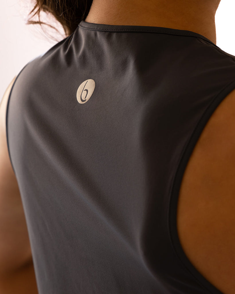 close up image of a grey womens workout vest from Belu life 